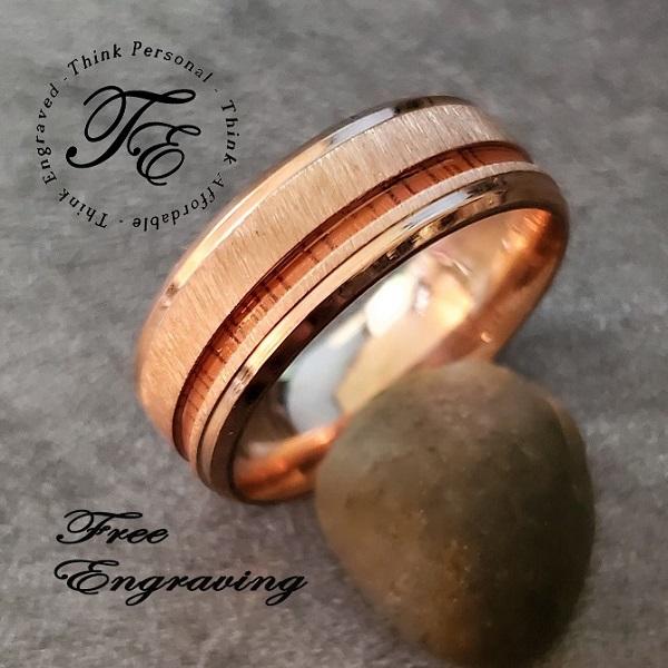 Think Engraved Promise Ring Personalized Men's Rose Gold Promise Ring - Koa Wood Inlay