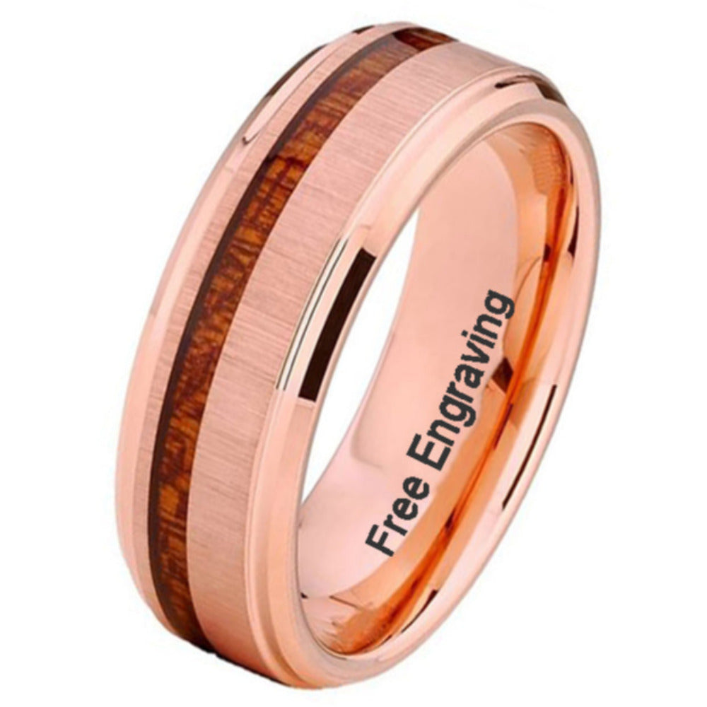 Think Engraved Promise Ring Personalized Men's Rose Gold Promise Ring - Koa Wood Inlay