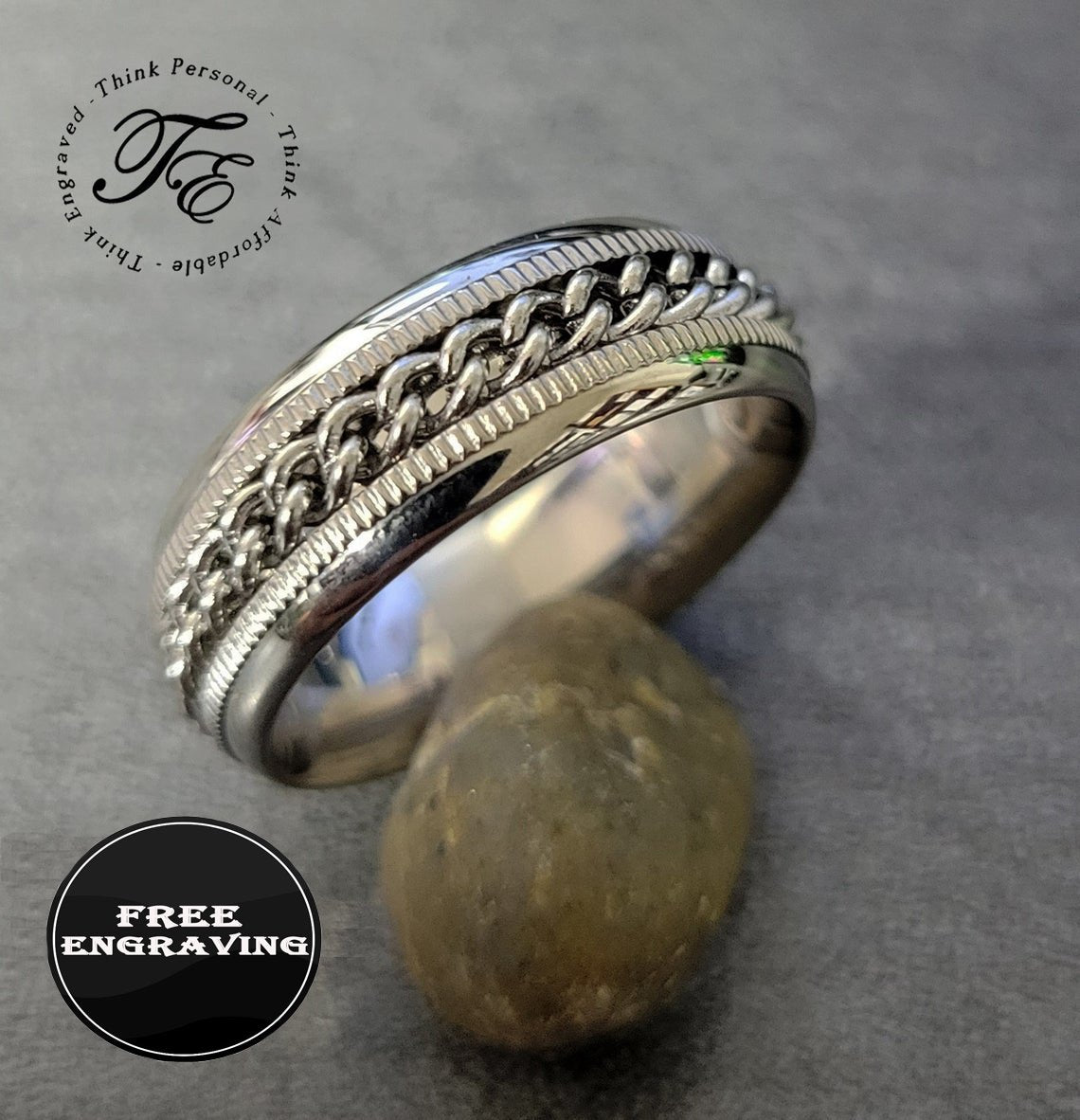 Think Engraved wedding Band 7 Personalized Men's Wedding Band - Silver Chain Spinner Stainless Steel