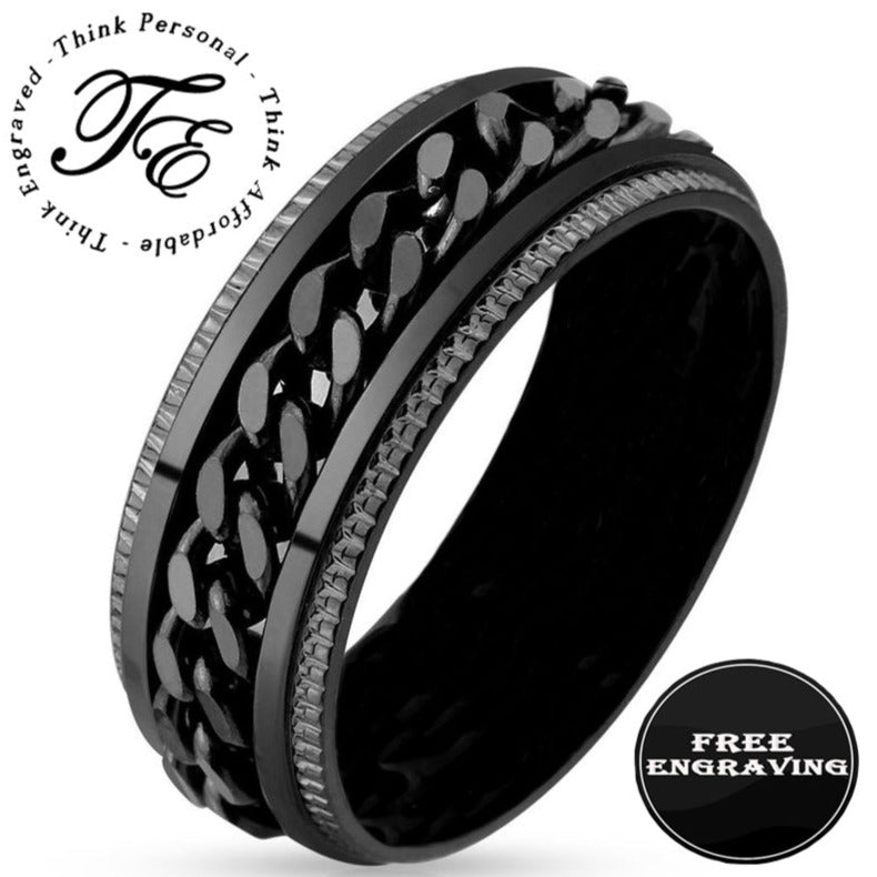 Think Engraved wedding band 9 Personalized Men's Black Chain Spinner Wedding Ring - Engraved Handwriting Ring