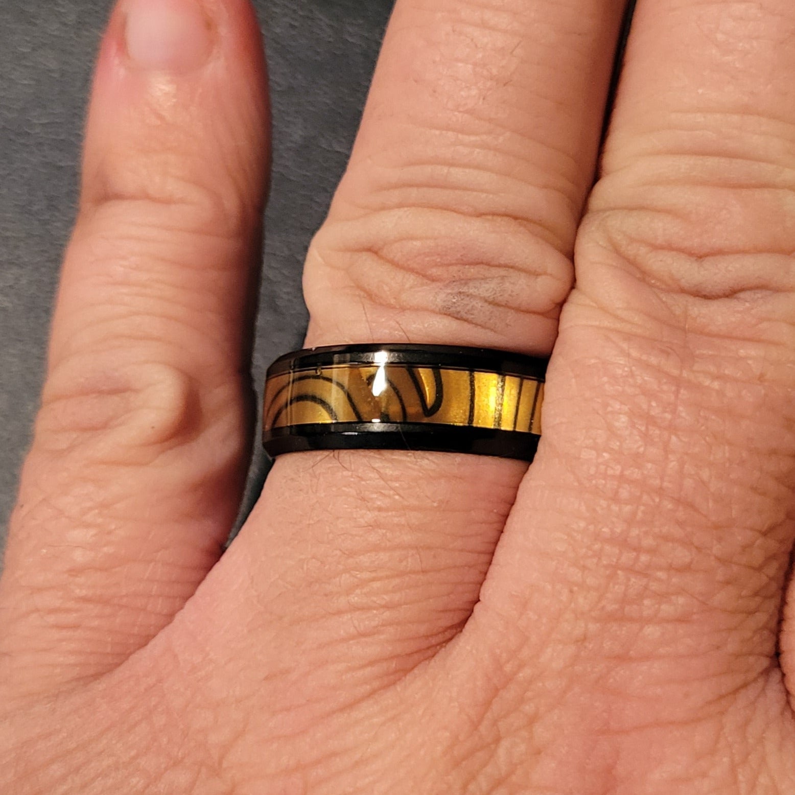 Think Engraved wedding Band Custom Engraved Men's Tiger's Eye Opal Wedding Ring - Guy's Handwriting Ring