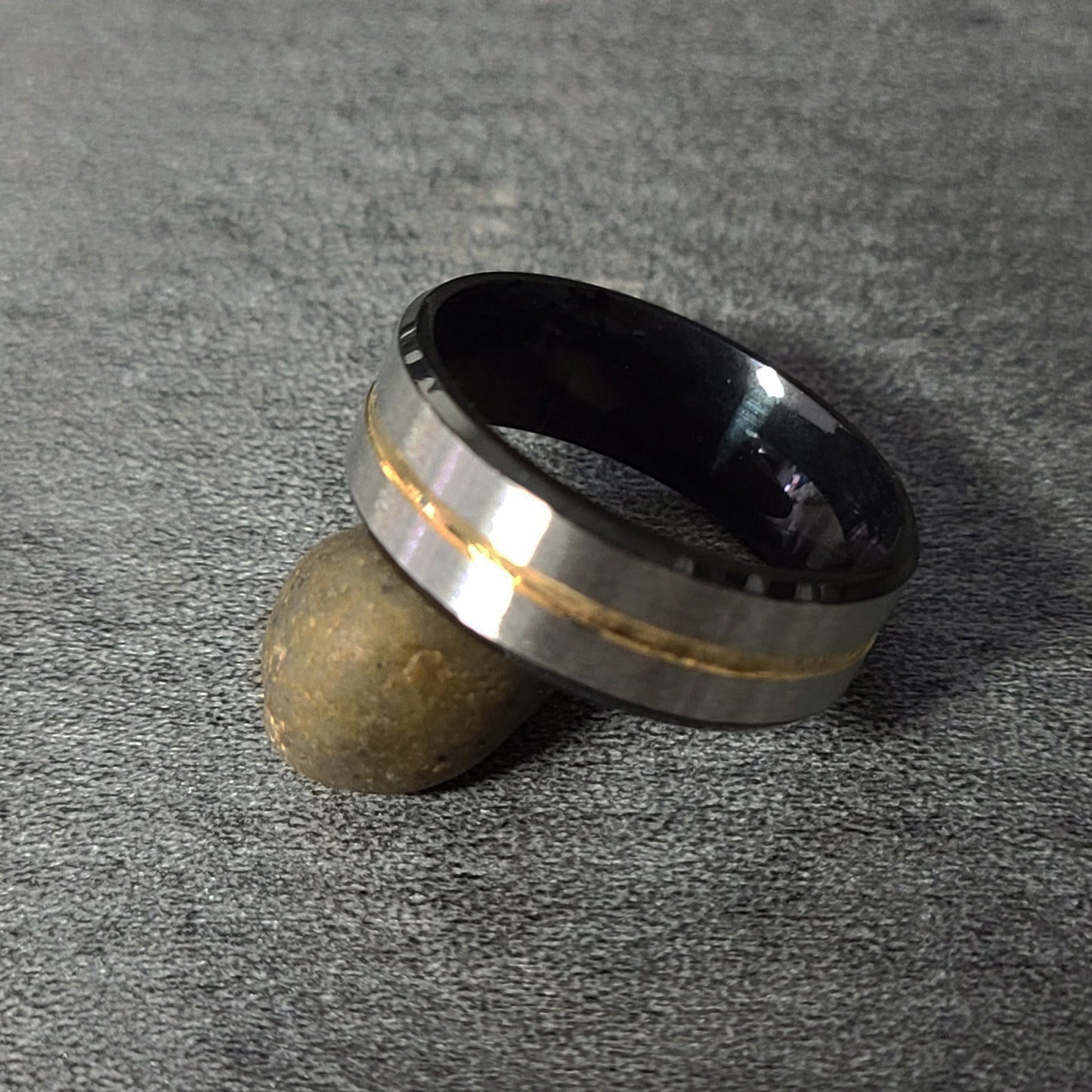 Think Engraved wedding Band Men's Personalized Silver and Black wedding Ring With Gold Filled Groove
