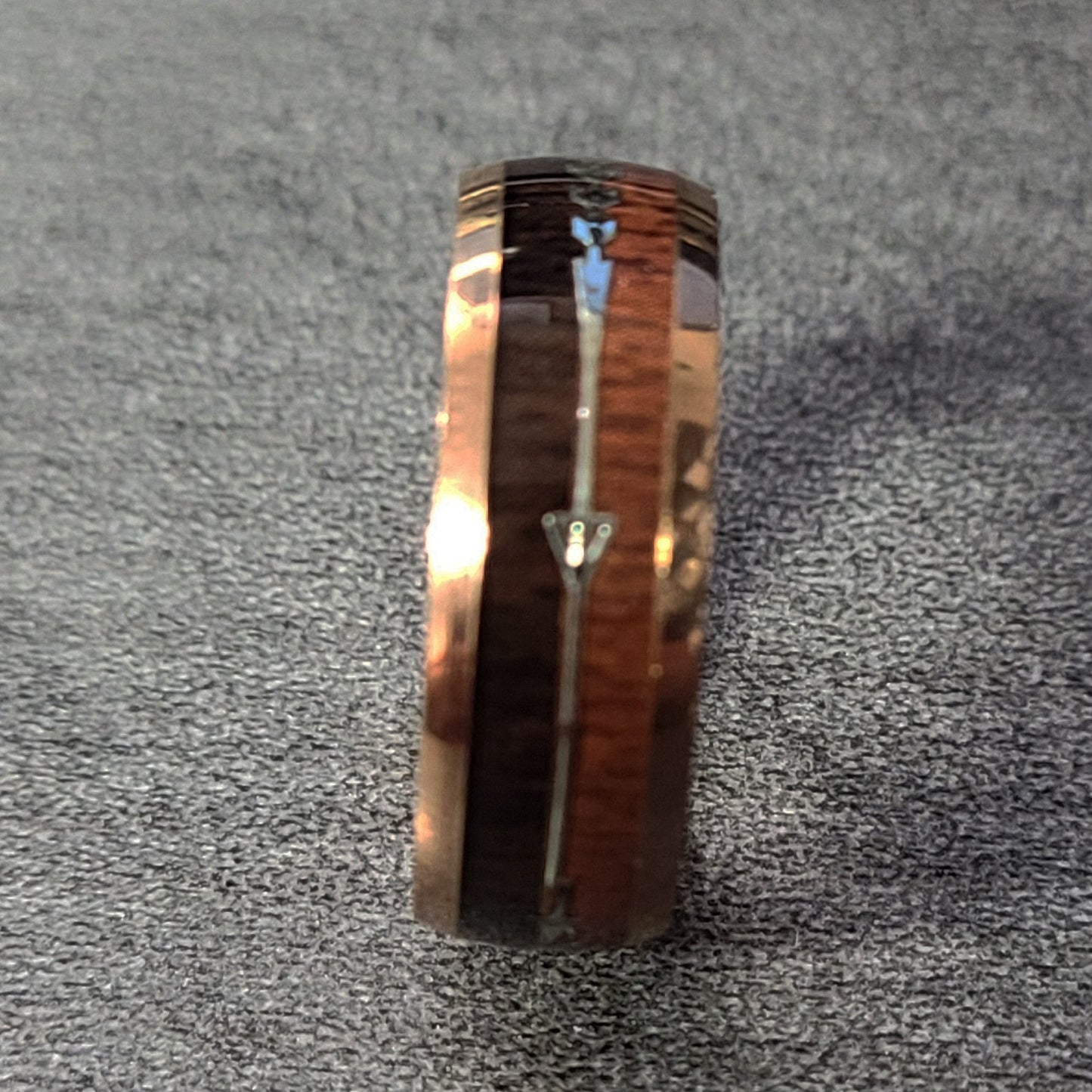 Think Engraved wedding Band Mens Personalized Rose Gold Wedding Ring African Wood and Koa Wood