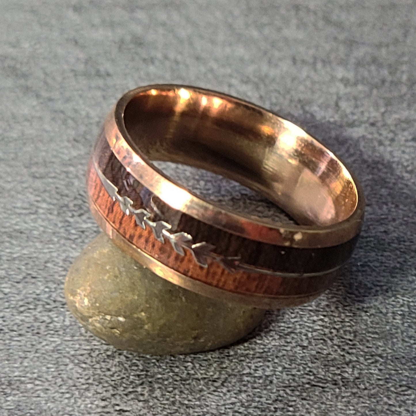 Think Engraved wedding Band Mens Personalized Rose Gold Wedding Ring African Wood and Koa Wood