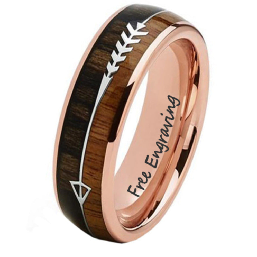 Think Engraved wedding Band Mens Personalized Rose Gold Wedding Ring African Wood and Koa Wood