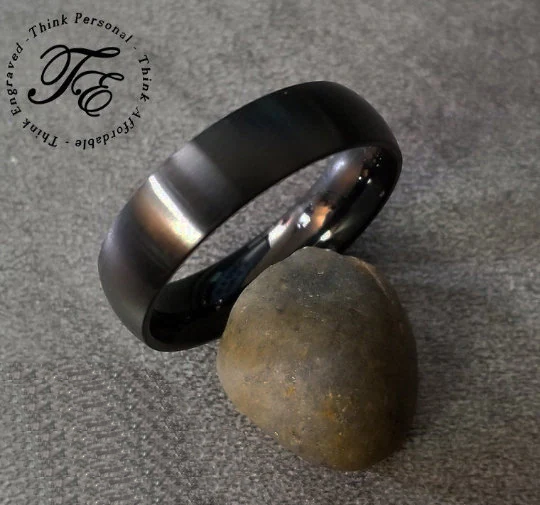 Think Engraved wedding Band Personalized Men's Matte Black Wedding Ring - Engraved Hand Writing Ring