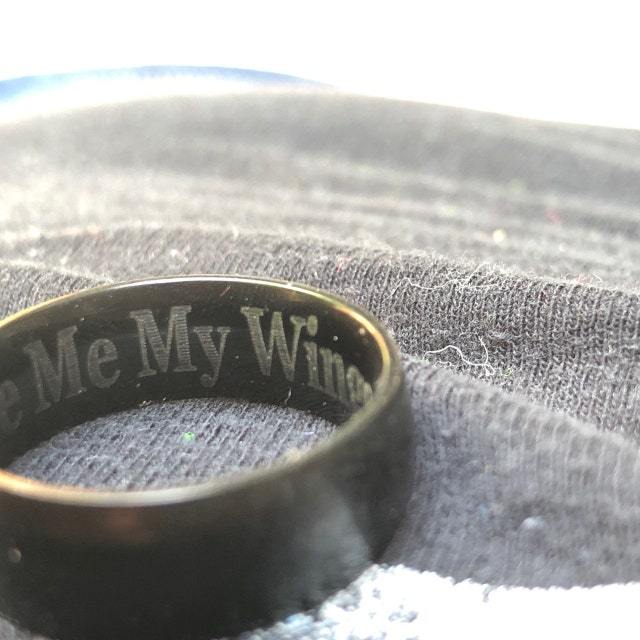 Think Engraved wedding Band Personalized Men's Matte Black Wedding Ring - Engraved Hand Writing Ring