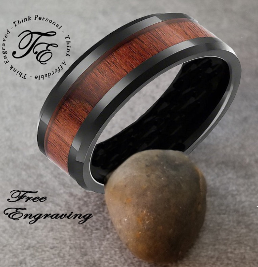 Think Engraved wedding Band Personalized Men's Wedding Band - Black With Wood Inlay Stainless Steel