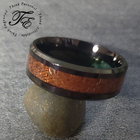 Think Engraved wedding Band Personalized Men's Wedding Band - Black With Wood Inlay Stainless Steel