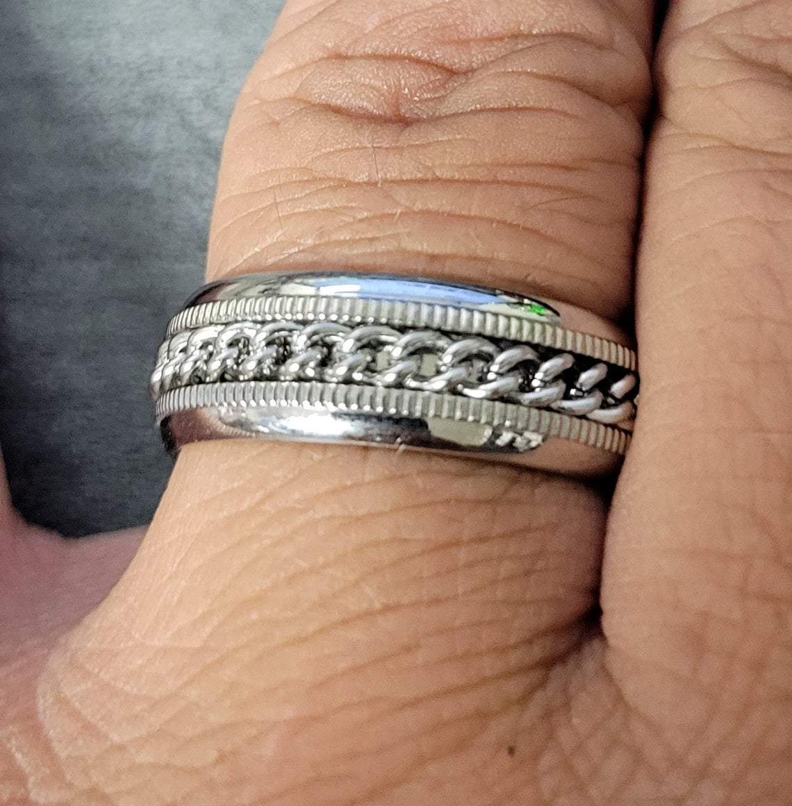 Think Engraved wedding Band Personalized Men's Wedding Band - Silver Chain Spinner Stainless Steel