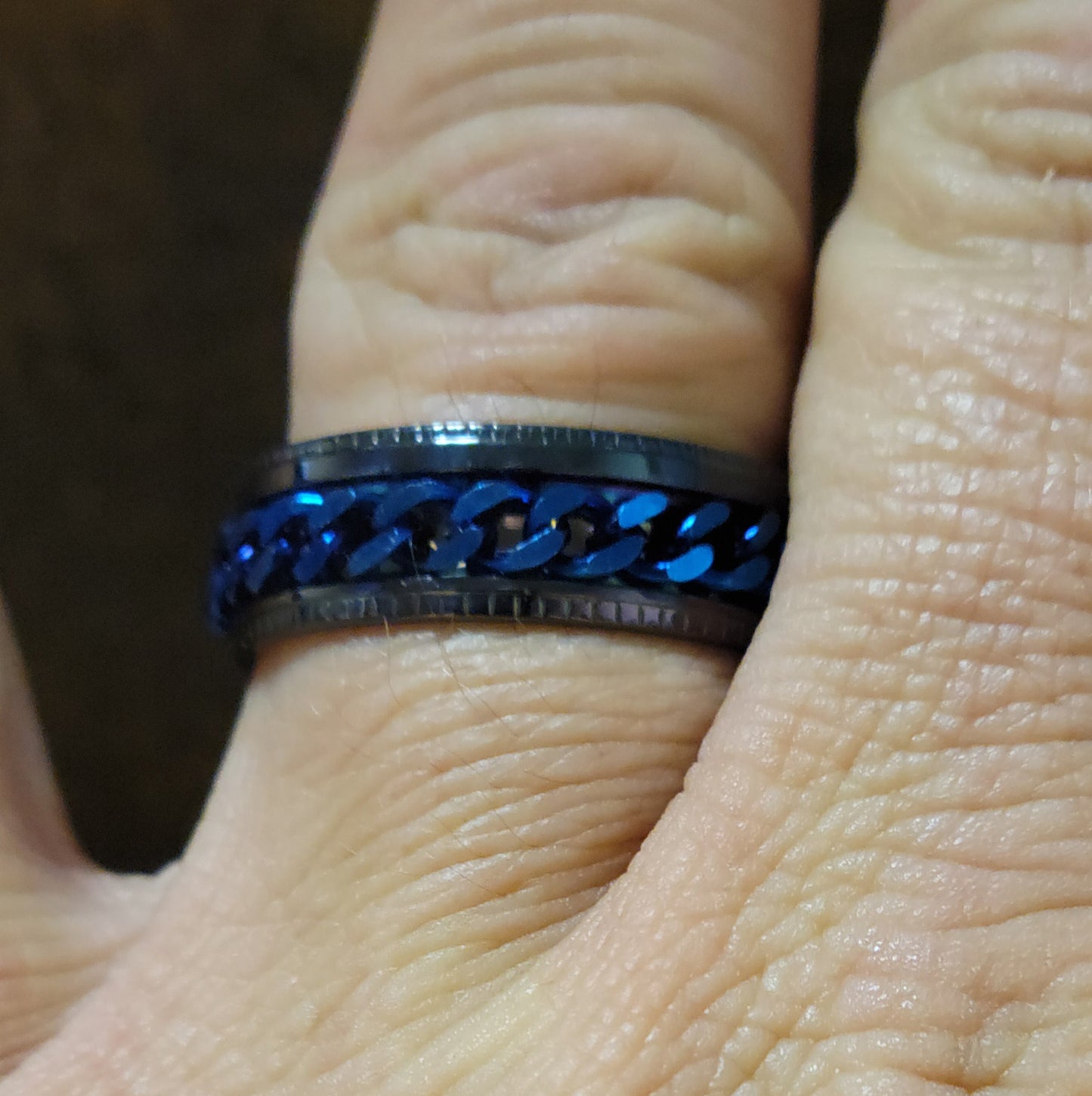 Think Engraved wedding Band Personalized Men's Wedding Spinner Ring - Black and Blue Spinner Ring