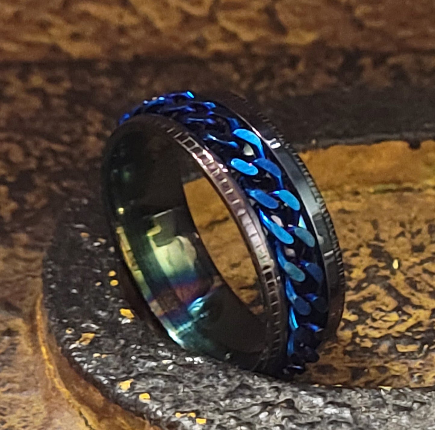 Think Engraved wedding Band Personalized Men's Wedding Spinner Ring - Black and Blue Spinner Ring