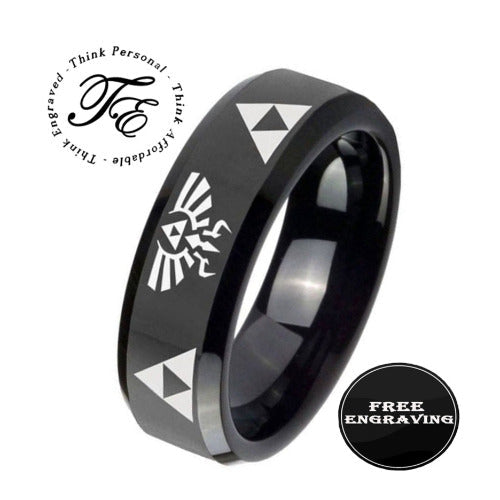 Think Engraved wedding Ring 8mm size 9 Personalized Engraved Men's Black Zelda Tri Force Wedding Ring