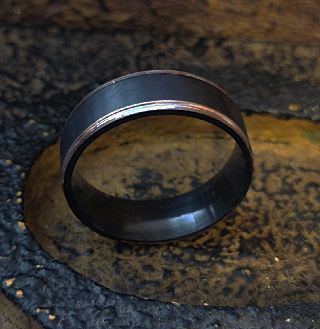 Think Engraved wedding Ring Men's Personalized Black and Rose Gold Wedding Ring Rose Gold Edges