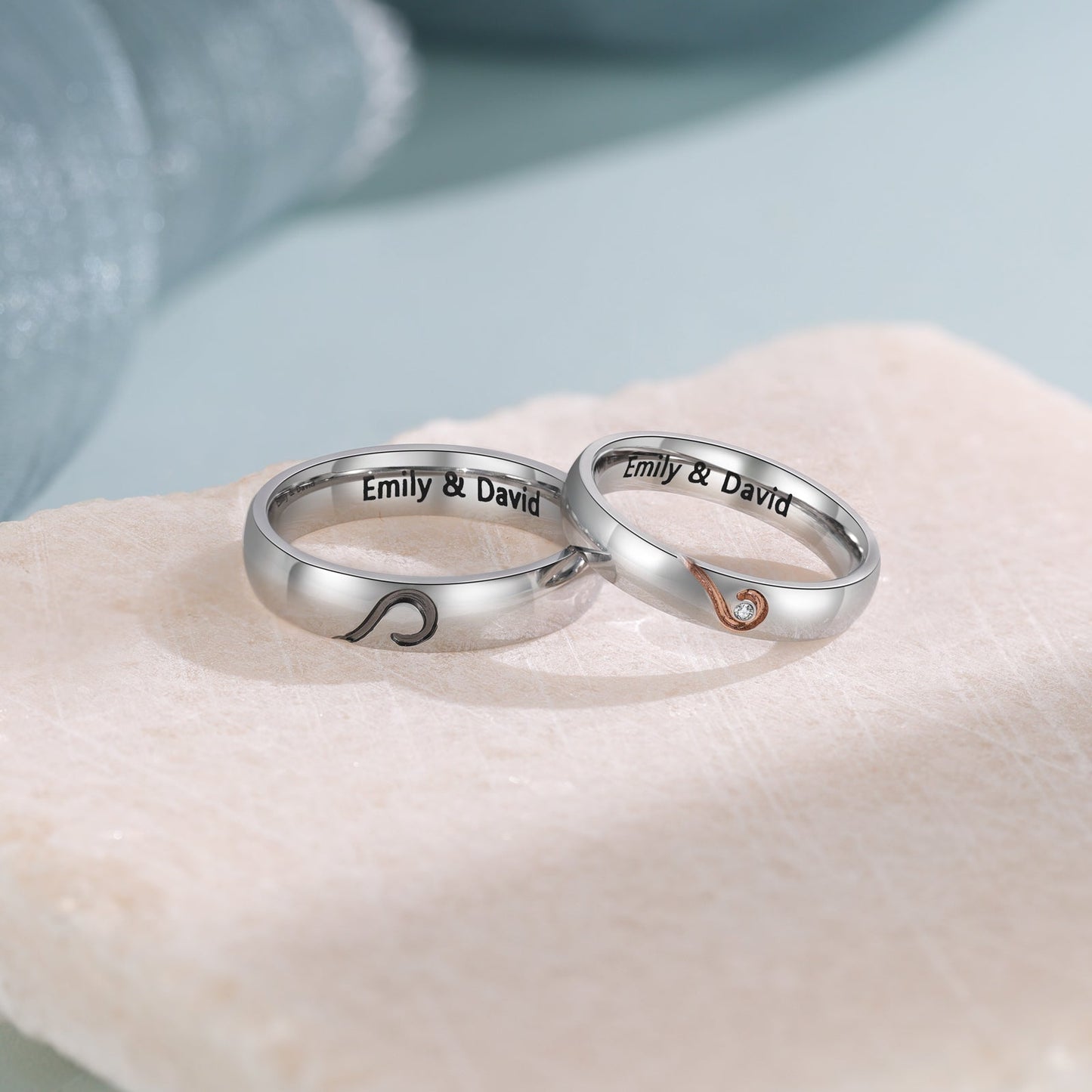 Think Engraved wedding Ring Personalized His and Hers Promise or Wedding Ring Set Matching Hearts Couples Rings