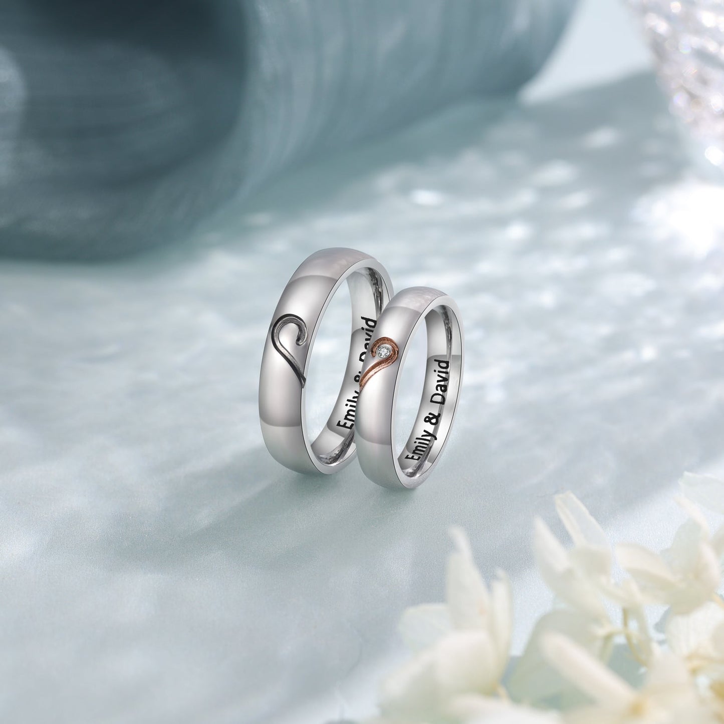 Think Engraved wedding Ring Personalized His and Hers Promise or Wedding Ring Set Matching Hearts Couples Rings