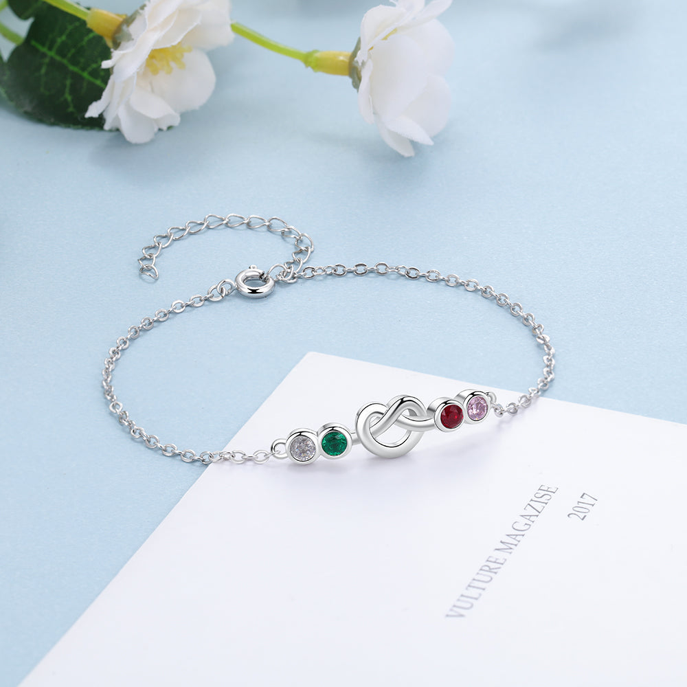 ThinkEngraved birthstone anklet 4 Birthstone Silver Heart Knot Mother's Bracelet - 4 Stone Mom Bracelet