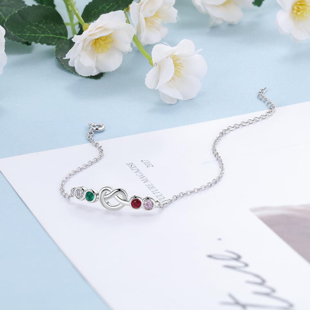 ThinkEngraved birthstone anklet 4 Birthstone Silver Heart Knot Mother's Bracelet - 4 Stone Mom Bracelet