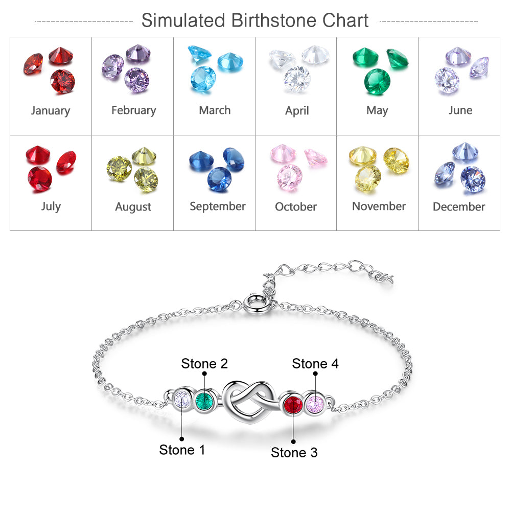 ThinkEngraved birthstone anklet 4 Birthstone Silver Heart Knot Mother's Bracelet - 4 Stone Mom Bracelet