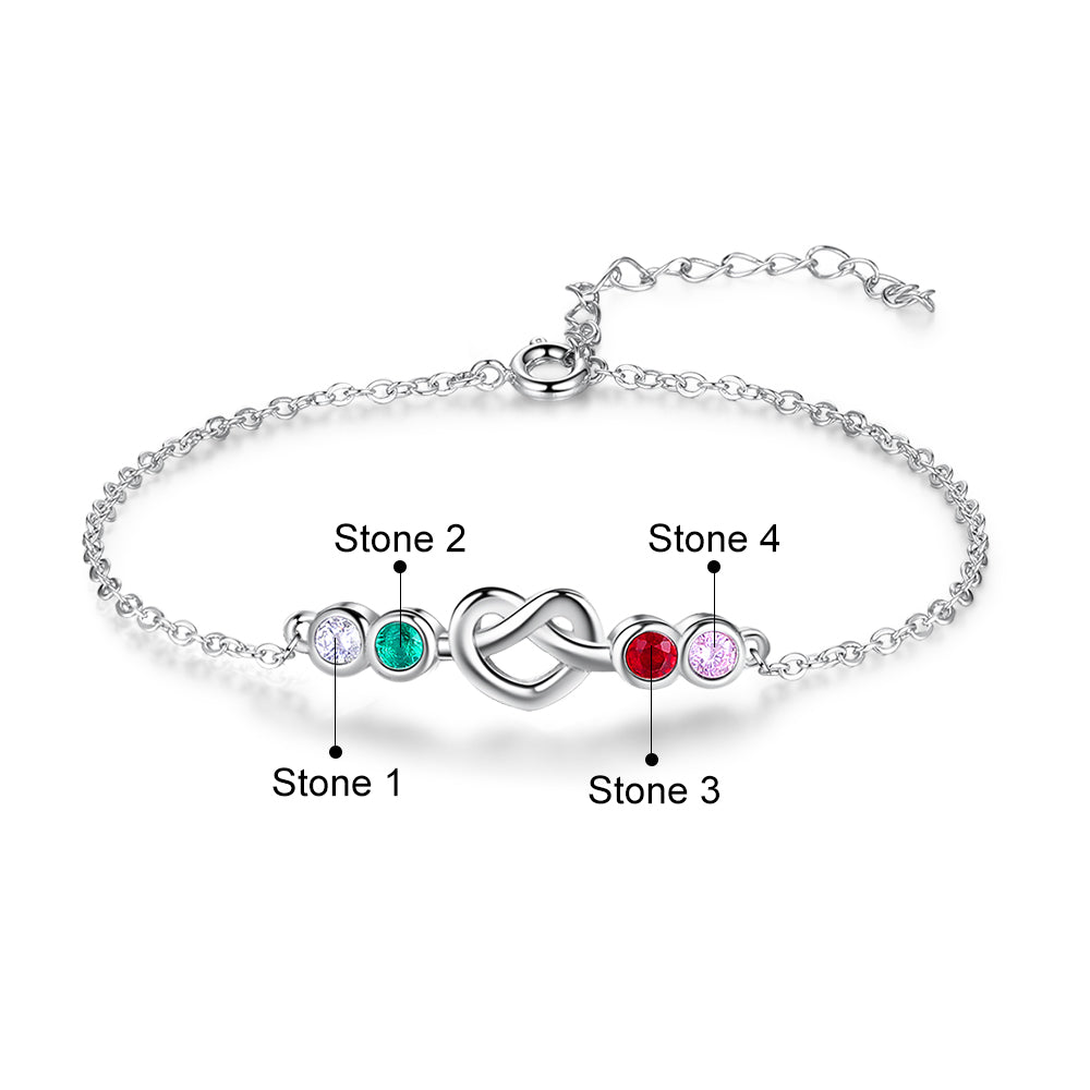 ThinkEngraved birthstone anklet 4 Birthstone Silver Heart Knot Mother's Bracelet - 4 Stone Mom Bracelet
