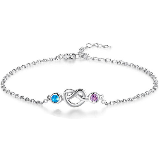 ThinkEngraved birthstone anklet Custom 2 Birthstone Silver Heart Knot Mother's Bracelet - 2 Stone Mom Bracelet