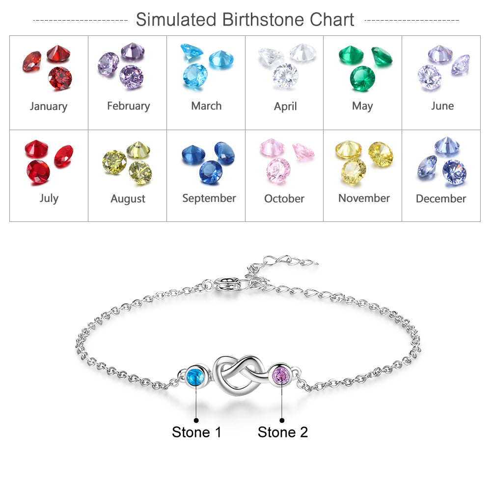 ThinkEngraved birthstone anklet Custom 2 Birthstone Silver Heart Knot Mother's Bracelet - 2 Stone Mom Bracelet