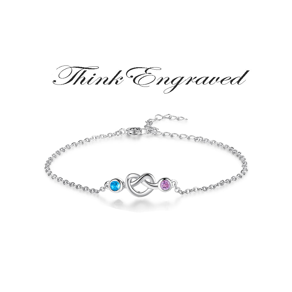 ThinkEngraved birthstone anklet Custom 2 Birthstone Silver Heart Knot Mother's Bracelet - 2 Stone Mom Bracelet