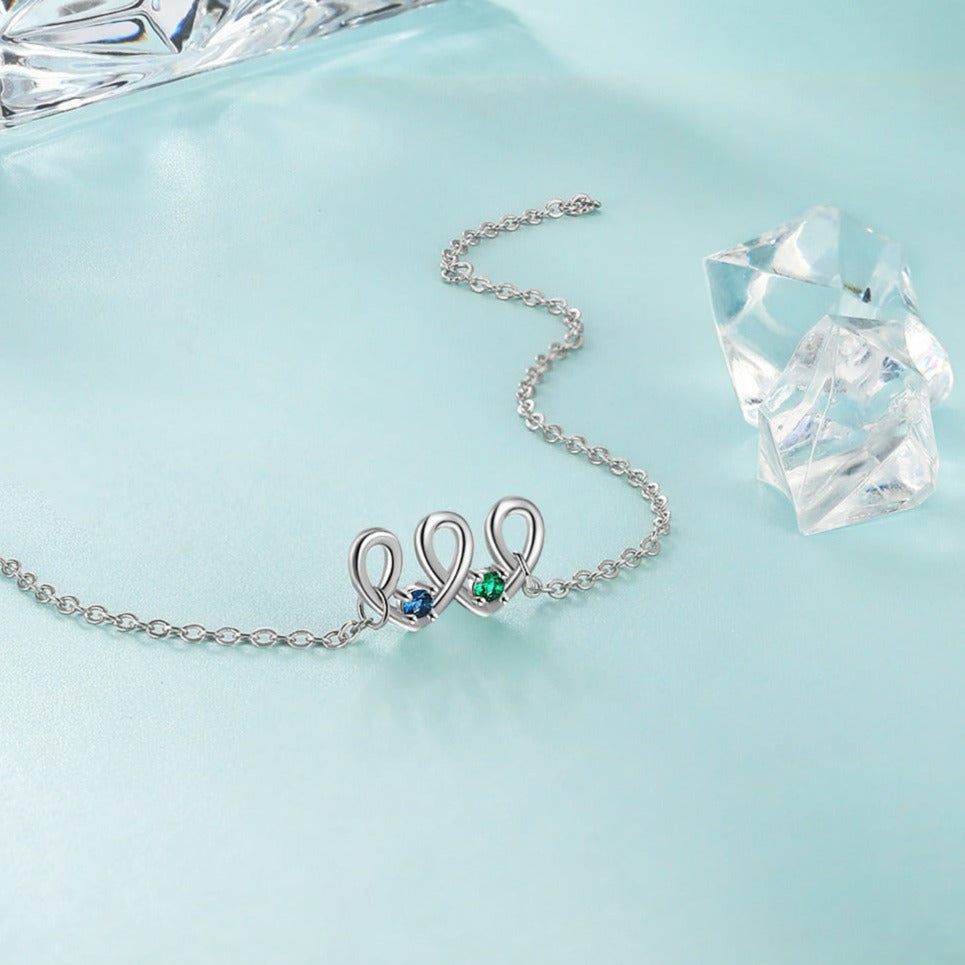 ThinkEngraved birthstone anklet Silver 2 Birthstone Looping Hearts Mother's Bracelet - Custom Mom Bracelet 2 Stone