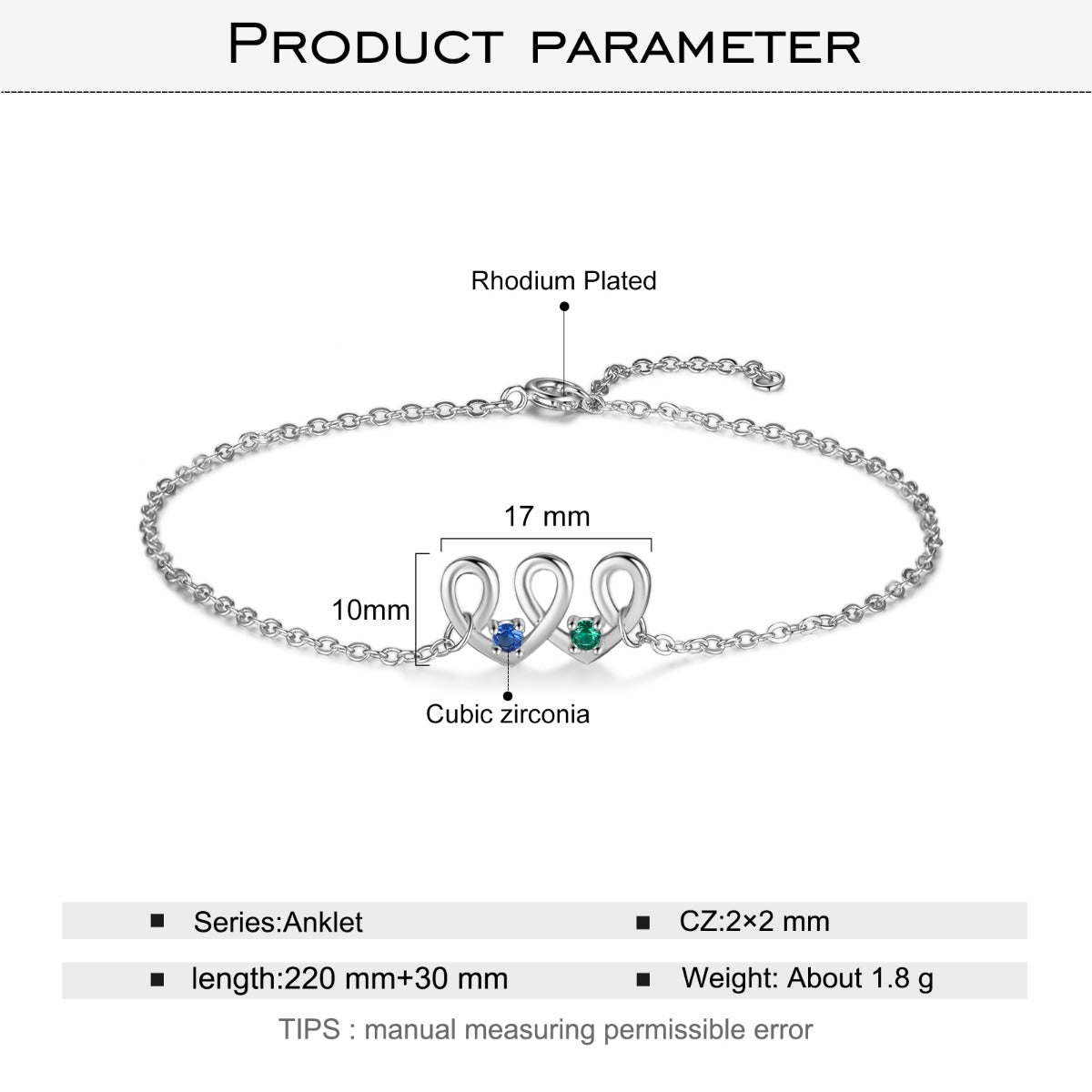 ThinkEngraved birthstone anklet Silver 2 Birthstone Looping Hearts Mother's Bracelet - Custom Mom Bracelet 2 Stone