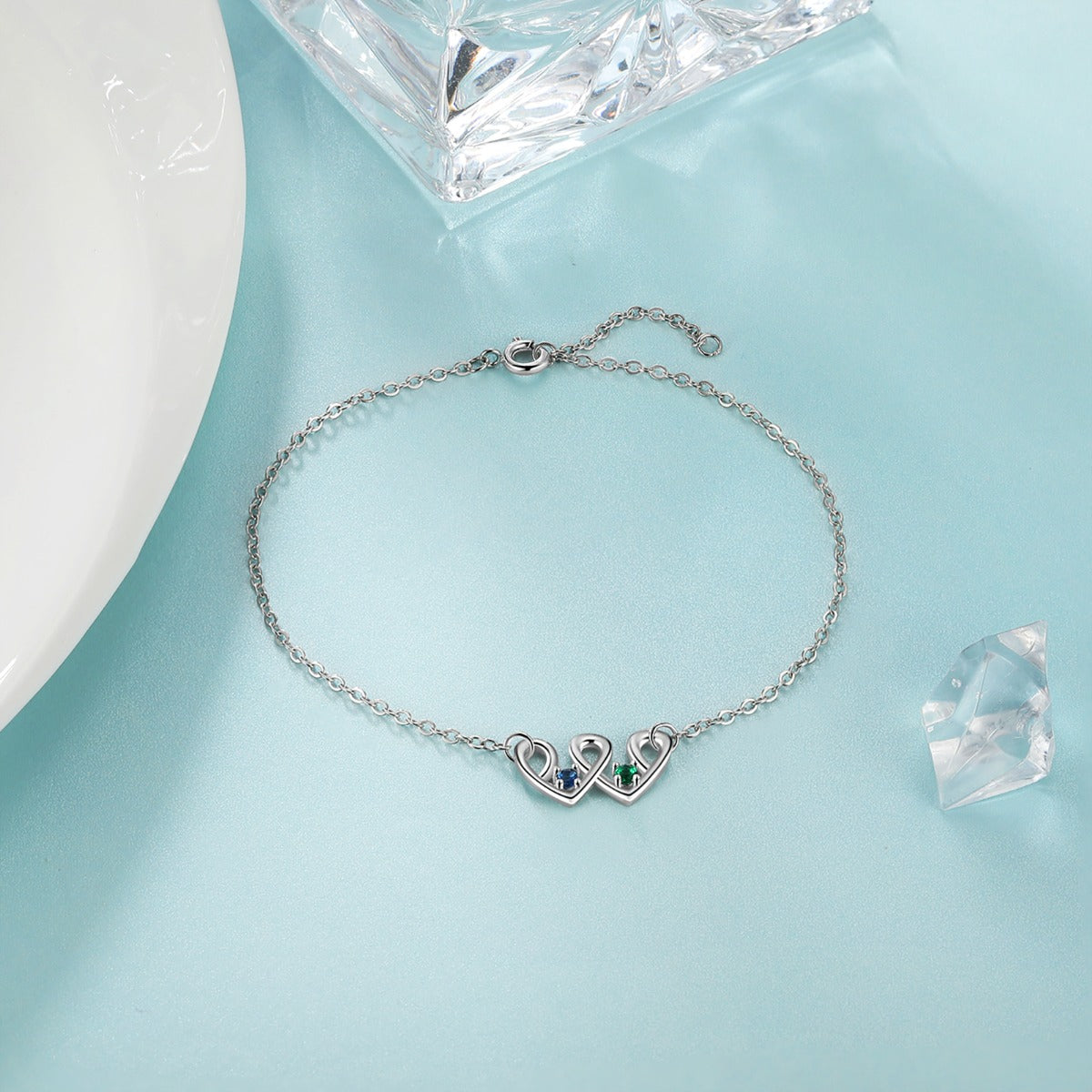 ThinkEngraved birthstone anklet Silver 2 Birthstone Looping Hearts Mother's Bracelet - Custom Mom Bracelet 2 Stone