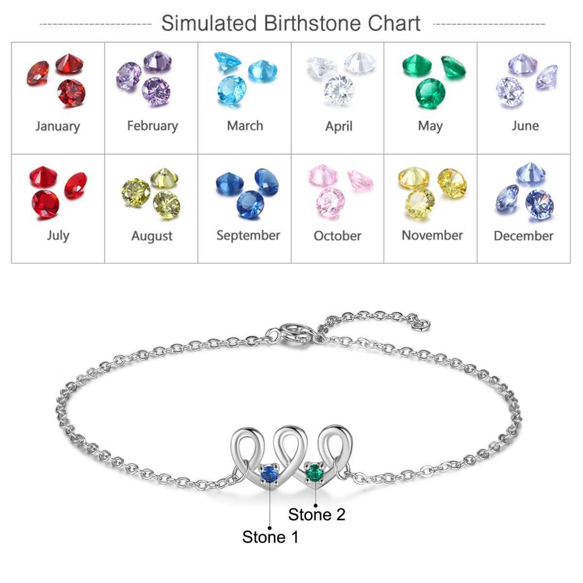 ThinkEngraved birthstone anklet Silver 2 Birthstone Looping Hearts Mother's Bracelet - Custom Mom Bracelet 2 Stone
