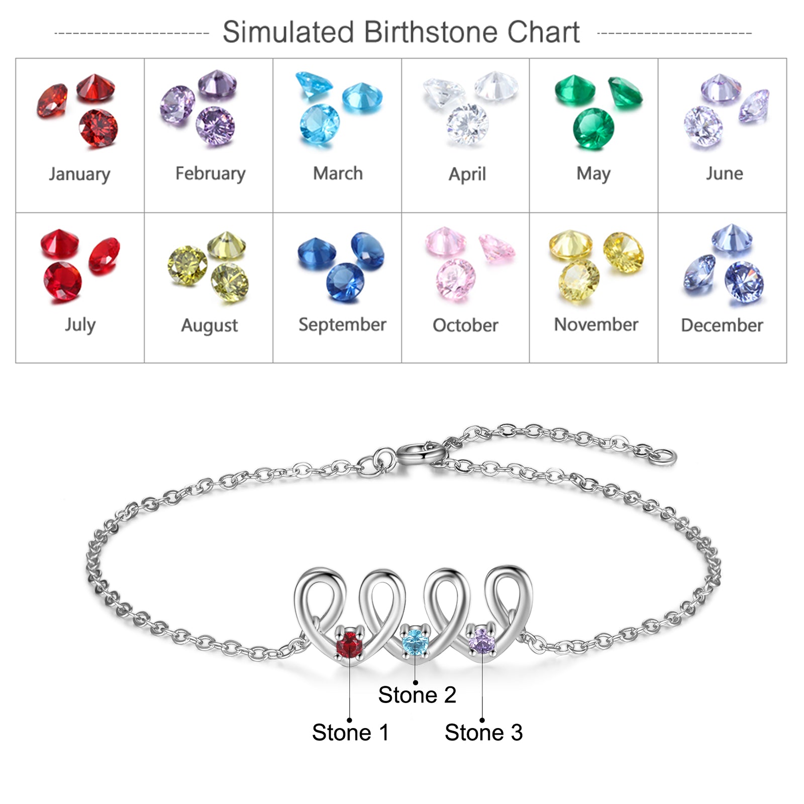 ThinkEngraved birthstone anklet Silver 3 Birthstone Looping Hearts Mother's Bracelet - Custom Mom Bracelet 3 Stone