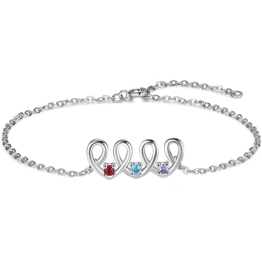 ThinkEngraved birthstone anklet Silver 3 Birthstone Looping Hearts Mother's Bracelet - Custom Mom Bracelet 3 Stone