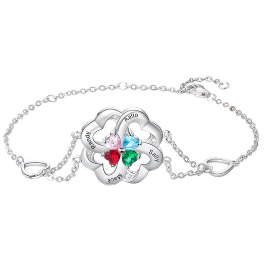 ThinkEngraved birthstone bracelet 4 Stone Heart Flower Mother's Bracelet 4 Engraved Names Silver Mom Bracelet