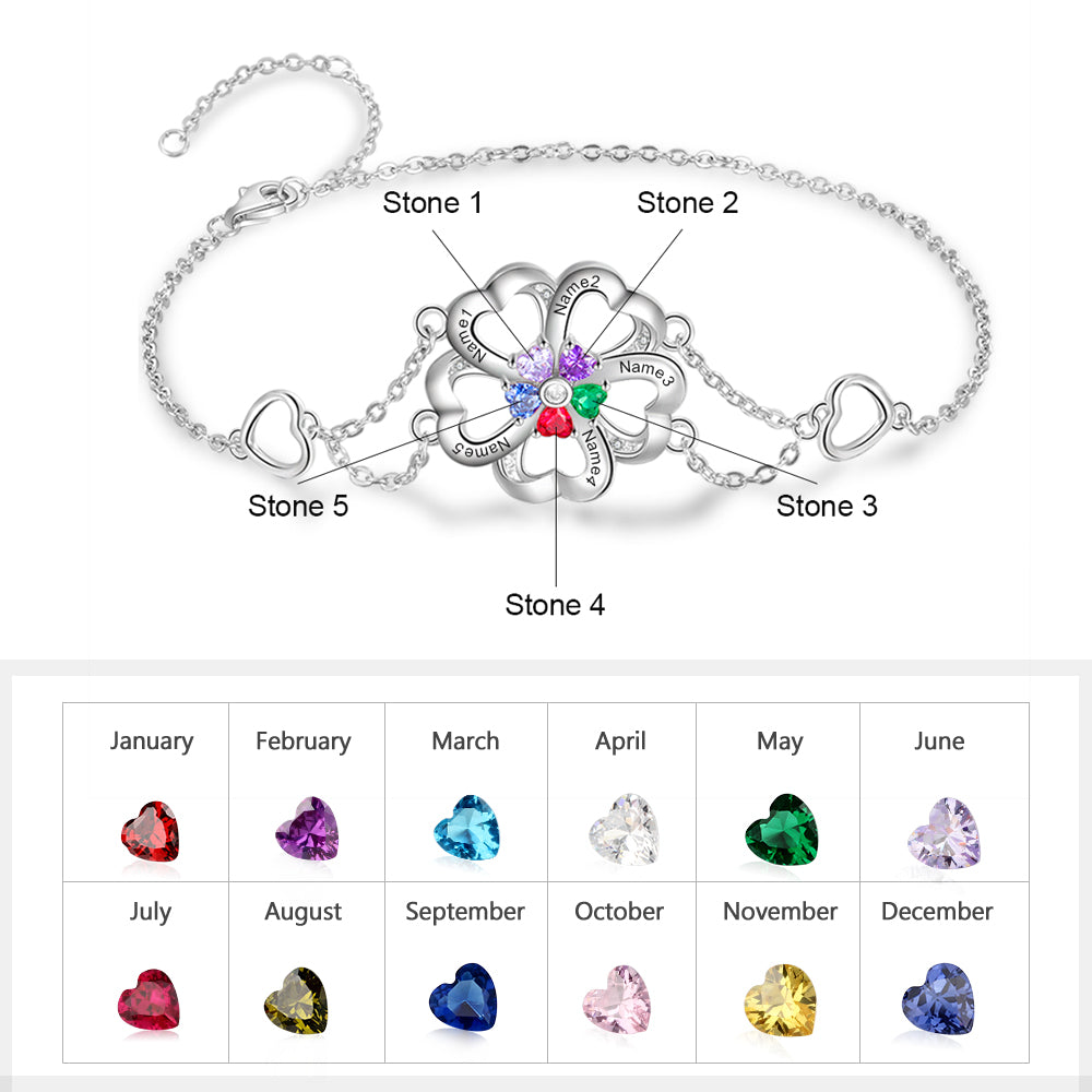 ThinkEngraved birthstone bracelet 5 Stone Heart Flower Mother's Bracelet 5 Engraved Names Silver Mom Bracelet