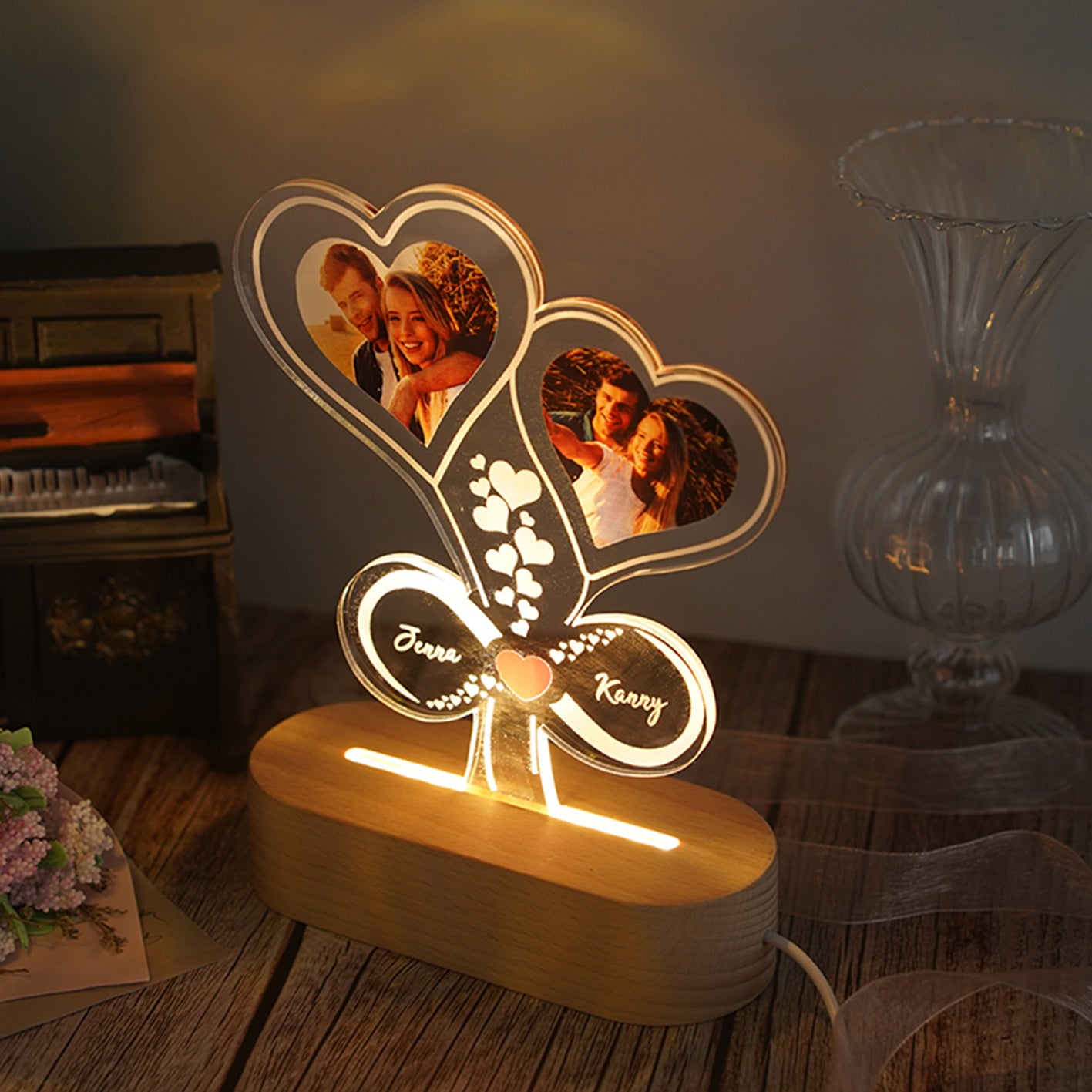 ThinkEngraved custom light Personalized Photo Collage and Names Infinity Hearts - Couples Gift