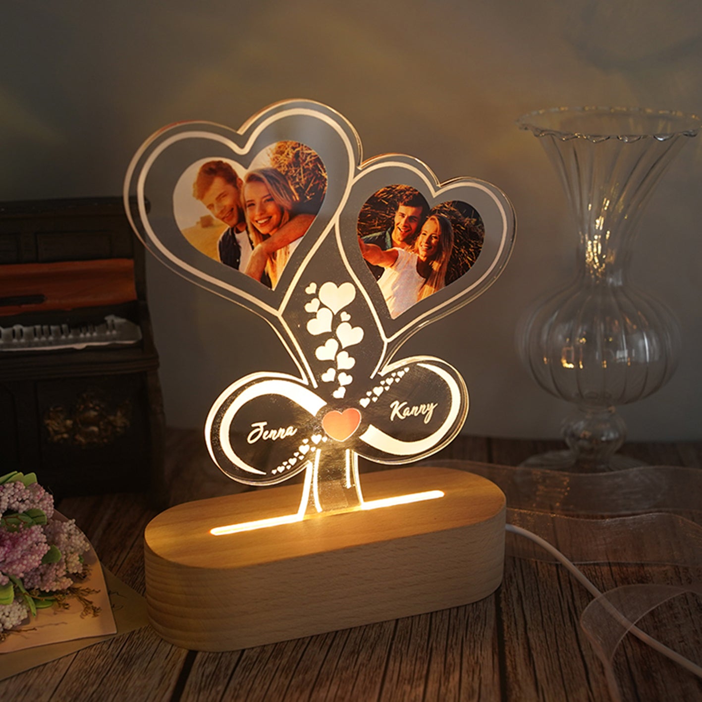ThinkEngraved custom light Personalized Photo Collage and Names Infinity Hearts - Couples Gift