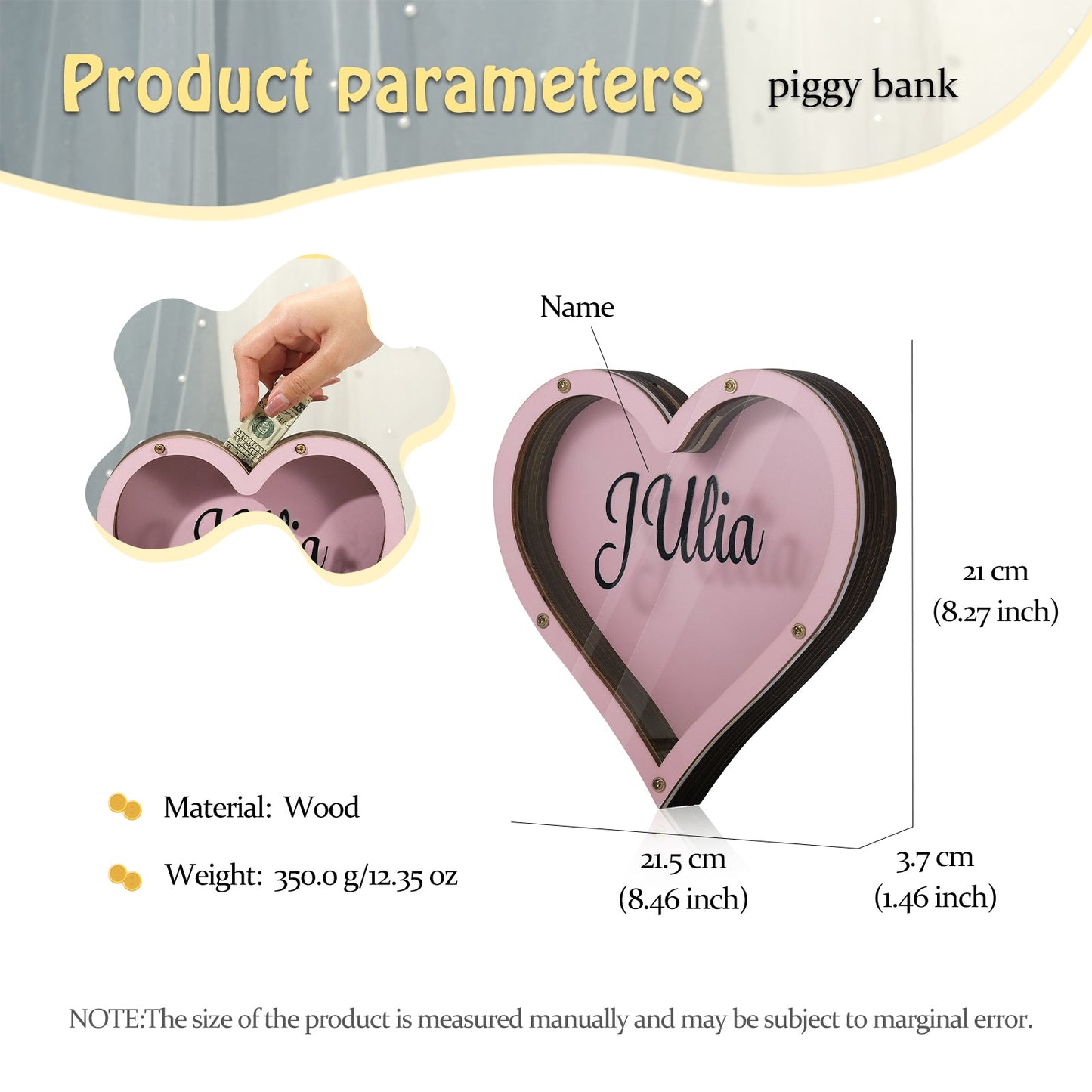 ThinkEngraved Custom Piggy Bank Personalized Handmade Wood Pink Heart Piggy Bank - Name Piggy Bank