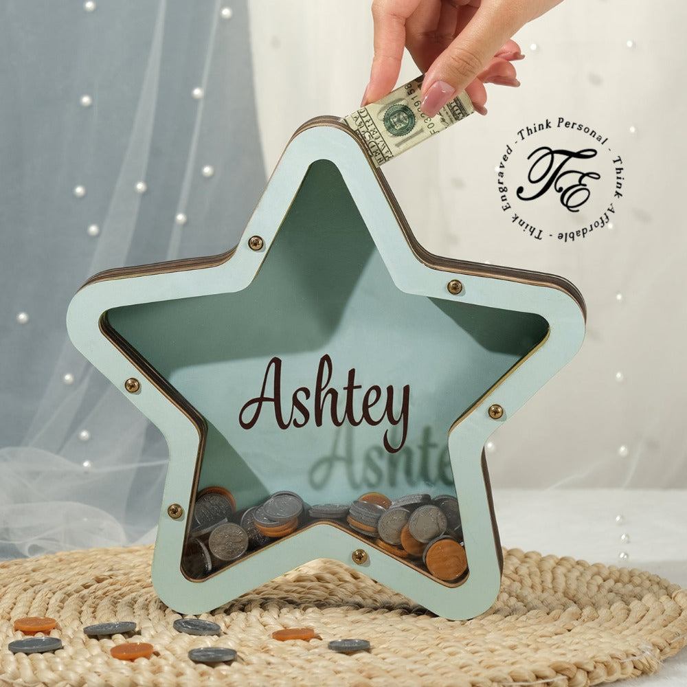 ThinkEngraved Custom Piggy Bank Personalized Handmade Wood Star Piggy Bank - Custom Name Piggy Bank