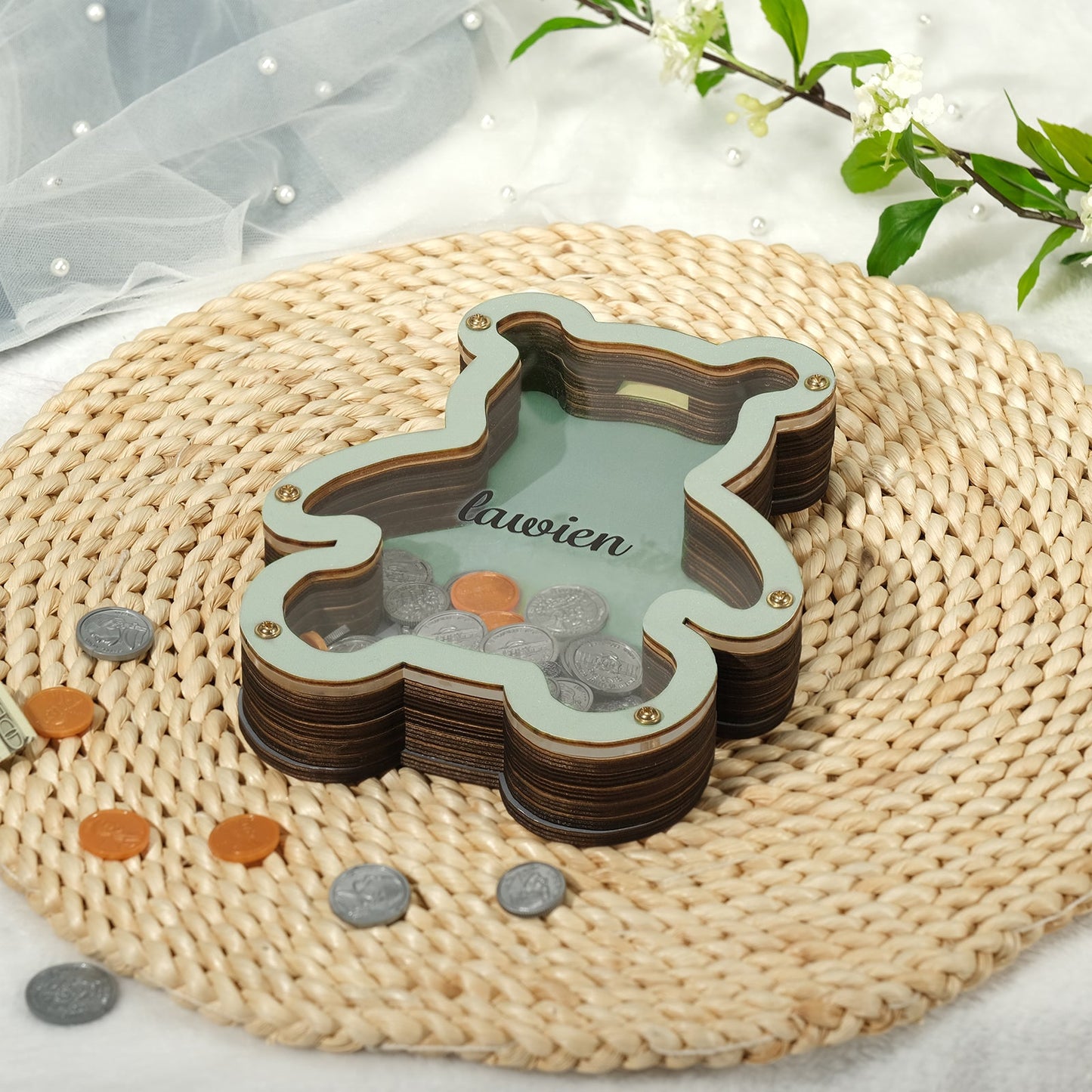ThinkEngraved Custom Piggy Bank Personalized Handmade Wood Teddy Bear Piggy Bank - Name Piggy Bank