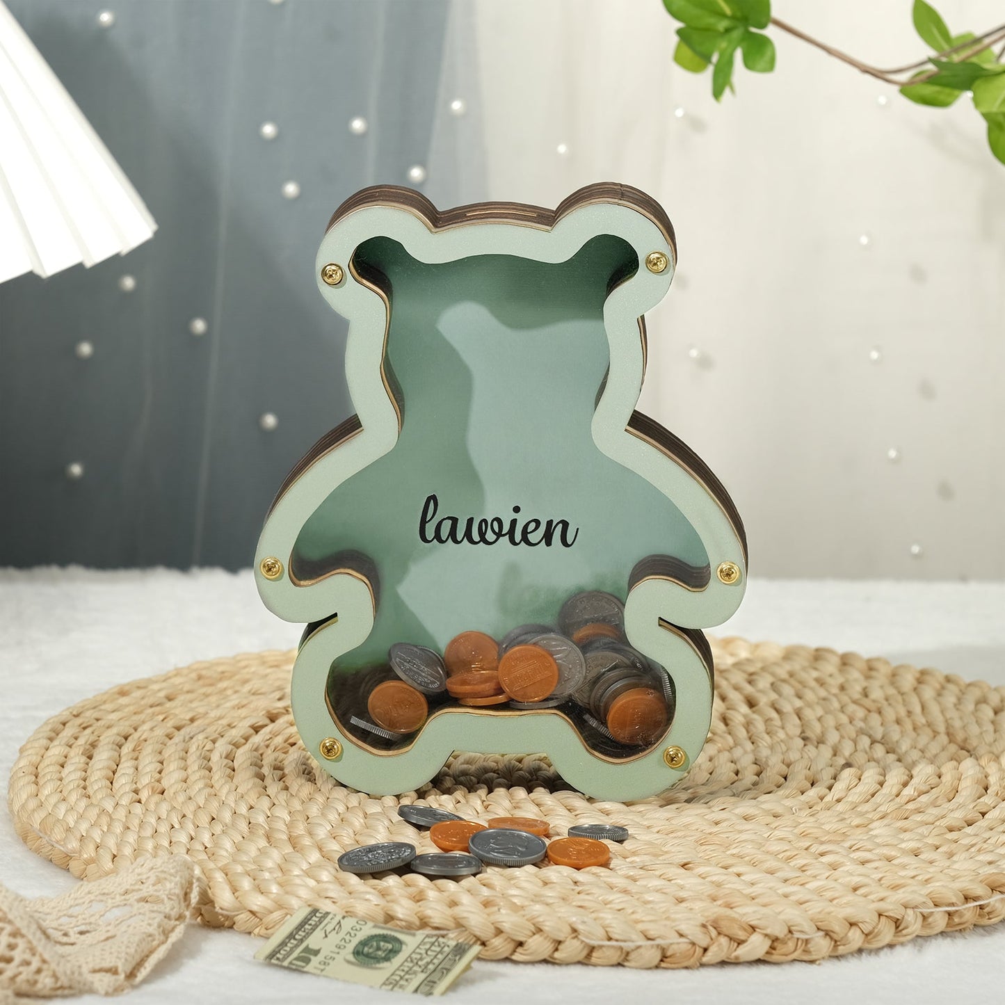 ThinkEngraved Custom Piggy Bank Personalized Handmade Wood Teddy Bear Piggy Bank - Name Piggy Bank