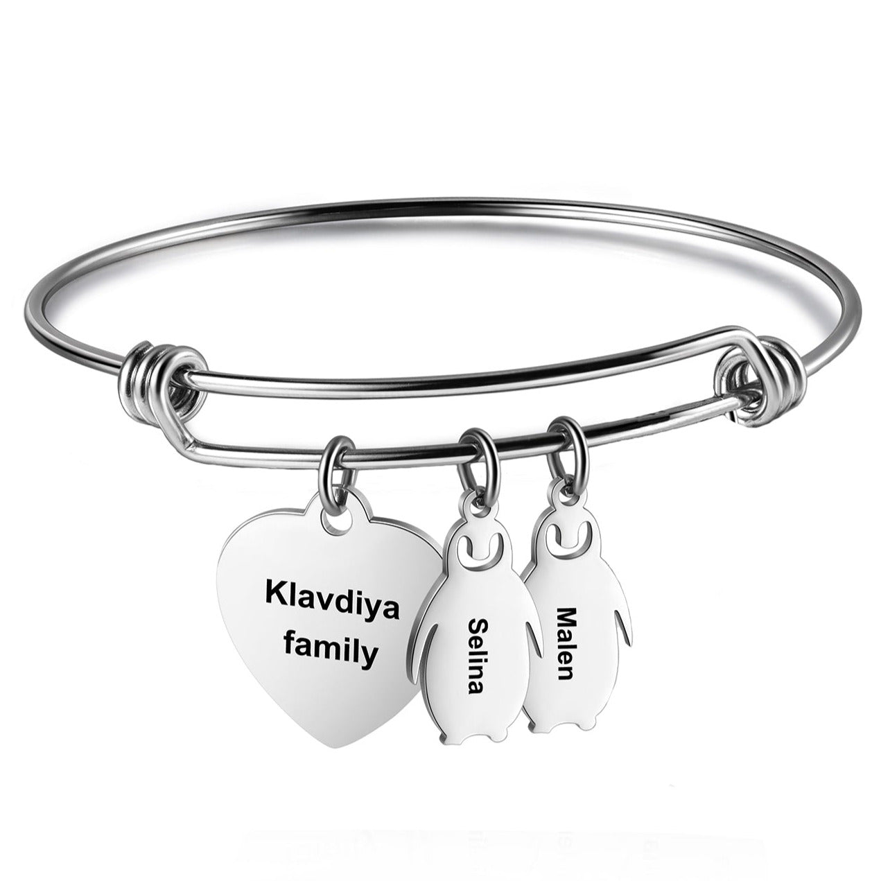 ThinkEngraved engraved bracelet Personalized Heart and Penguin Kids Charm Bracelet 2 Engraved Names