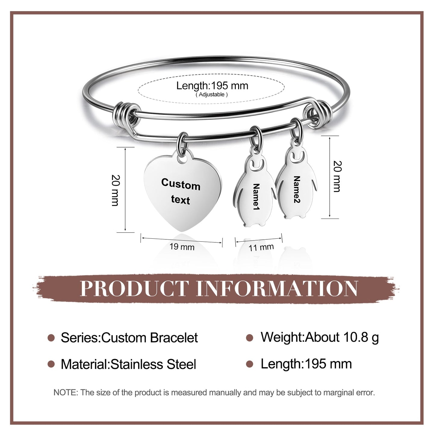 ThinkEngraved engraved bracelet Personalized Heart and Penguin Kids Charm Bracelet 2 Engraved Names