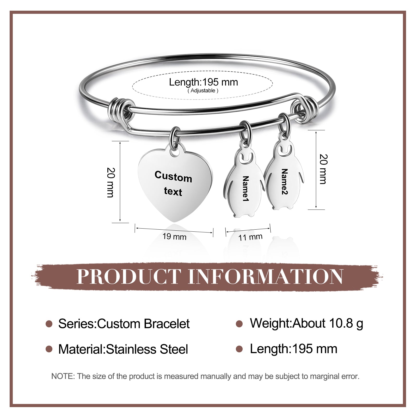 ThinkEngraved engraved bracelet Personalized Heart and Penguin Kids Charm Bracelet 2 Engraved Names