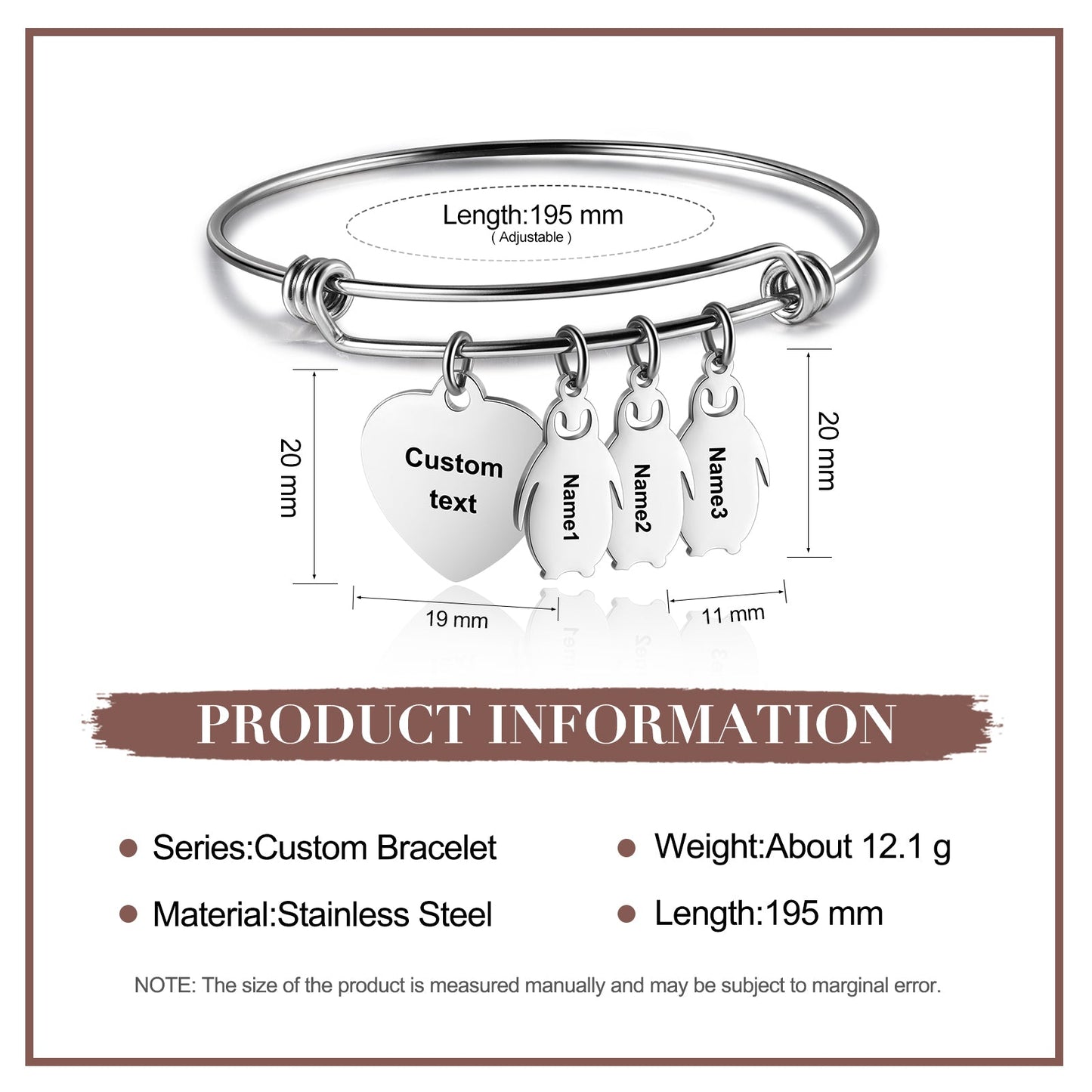ThinkEngraved engraved bracelet Personalized Heart and Penguin Kids Charm Bracelet 3 Engraved Names