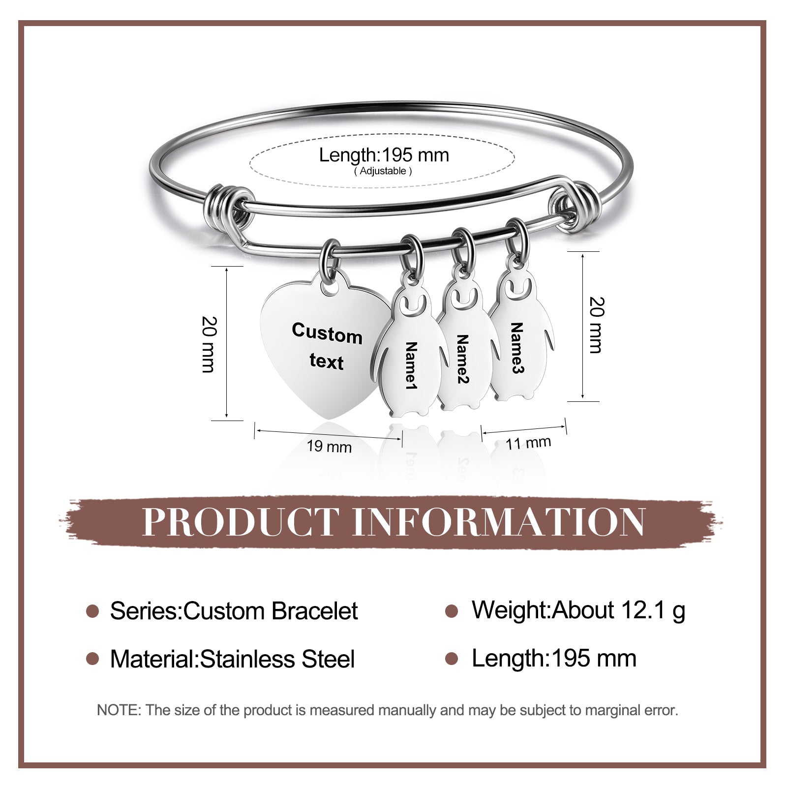 ThinkEngraved engraved bracelet Personalized Heart and Penguin Kids Charm Bracelet 3 Engraved Names
