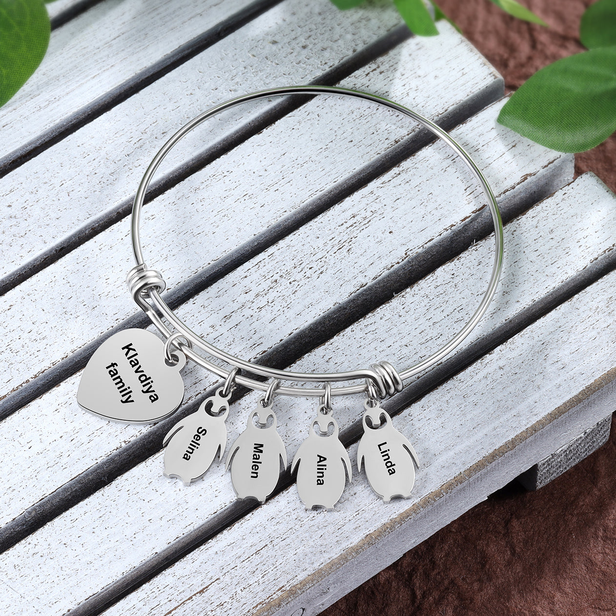 ThinkEngraved engraved bracelet Personalized Heart and Penguin Kids Charm Bracelet 4 Engraved Names