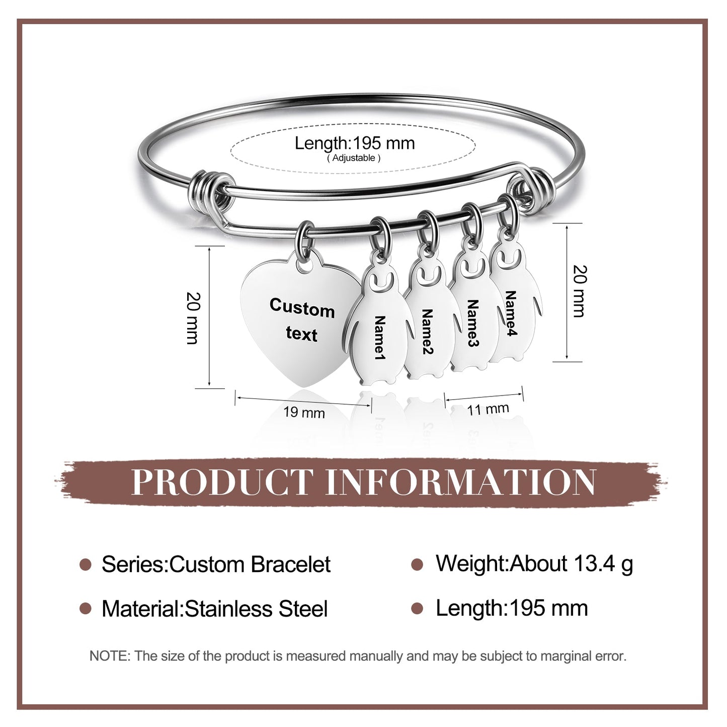 ThinkEngraved engraved bracelet Personalized Heart and Penguin Kids Charm Bracelet 4 Engraved Names