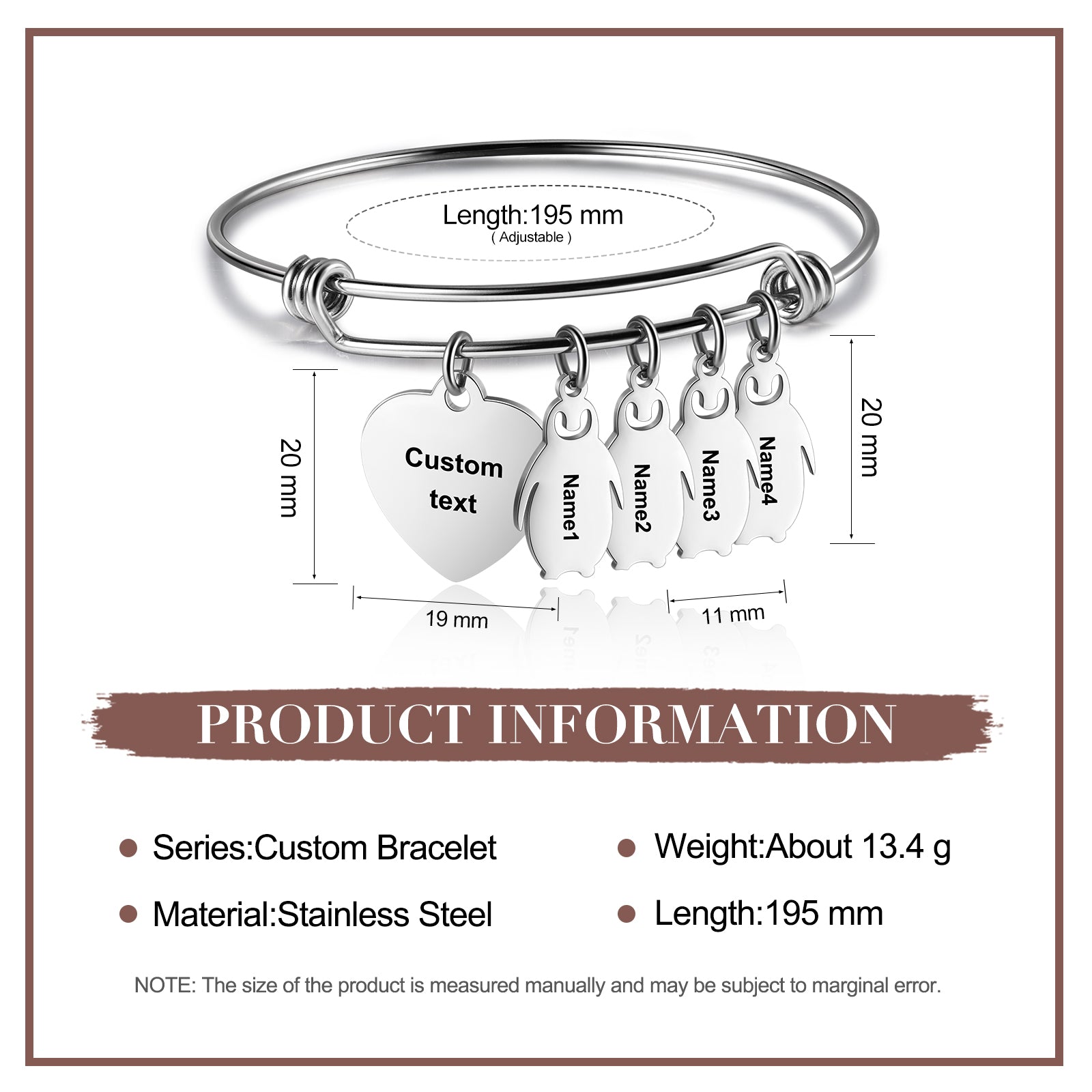 ThinkEngraved engraved bracelet Personalized Heart and Penguin Kids Charm Bracelet 4 Engraved Names