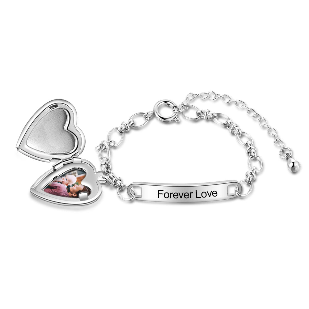 ThinkEngraved engraved bracelet Personalized Women's Heart Locket Photo Bracelet Engraved - Mom Bracelet or Couples Bracelet
